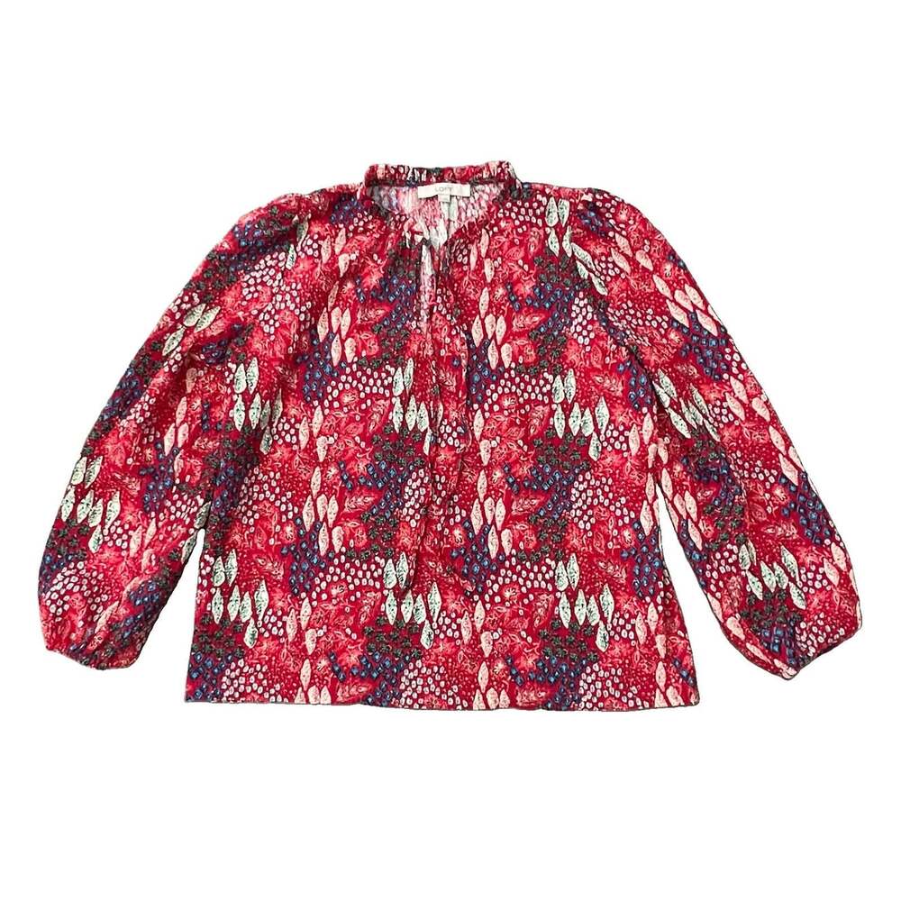 LOFT Floral Abstract Print Textured Tie Neck Long Sleeve Top Size Large Red